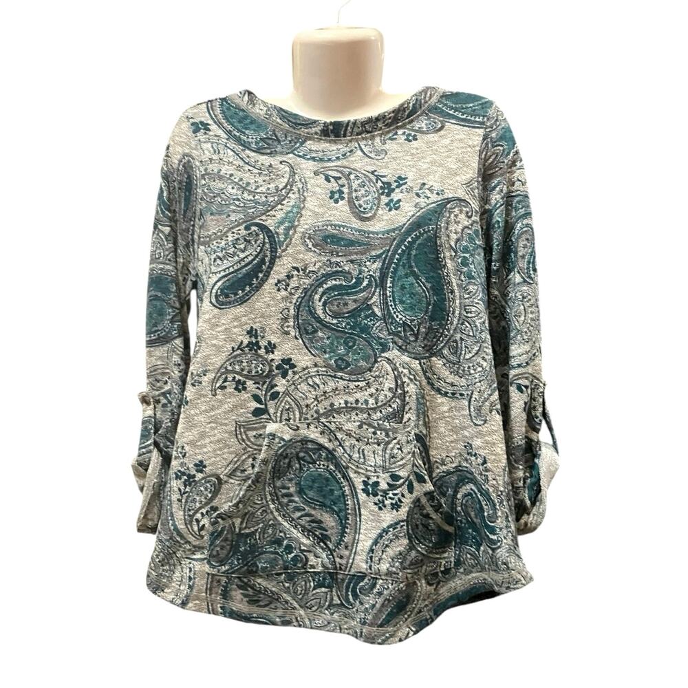 Ruby Rd. Women's Green/Gray Paisley 3/4 Roll Sleeve Crewneck Pullover | Size S